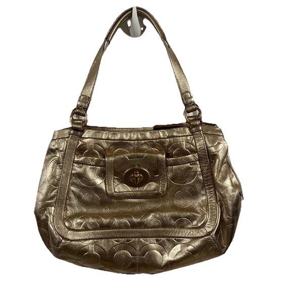 Rare HTF Coach Metallic Rose Gold All Leather Purse Shoulder Bag C Pattern - Picture 1 of 16